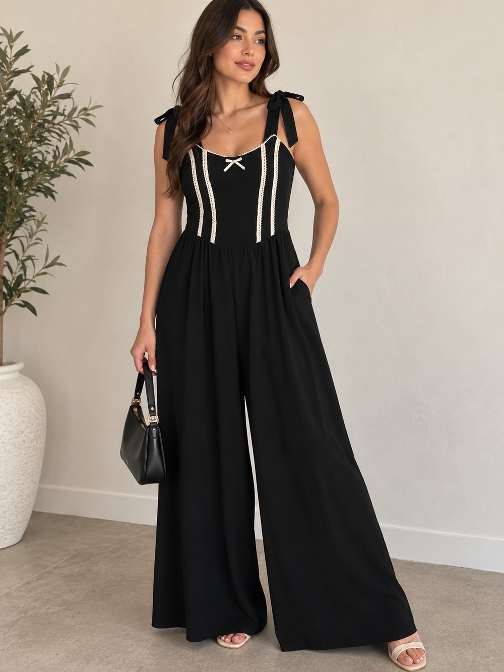 Black Tie-Shoulder Wide Leg Romper with Contrast Trim